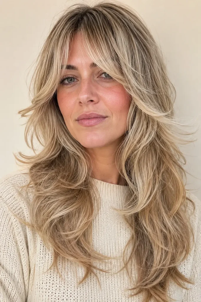 woman with a butter blonde wolf cut, soft curtain bangs, feathered layers, and glossy textured hair in a cream sweater.