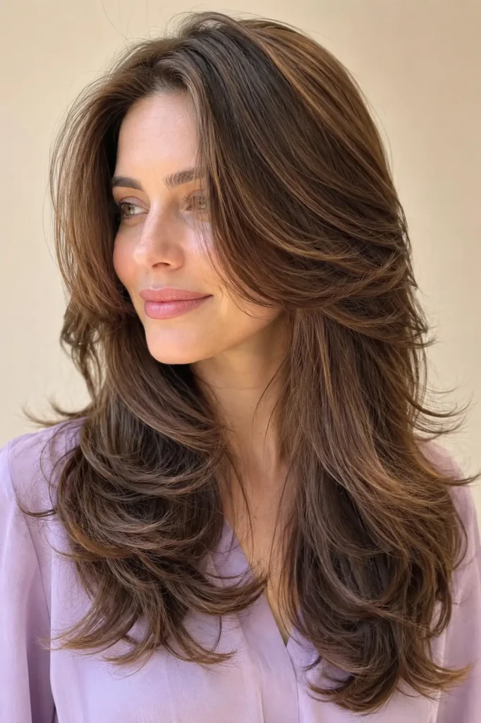 woman with a butterfly haircut on thick naturally wavy hair, featuring cascading face-framing layers, airy crown volume, and glossy soft waves in bright natural light against a pale beige background.