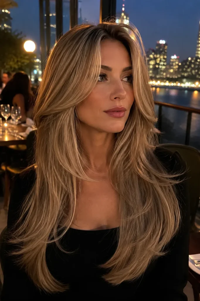 a white woman with an oval face and long medium-blonde butterfly layers with beige highlights, dramatic crown volume, and feathered ends, wearing a black square-neck top on an elegant rooftop restaurant terrace with softly blurred evening city lights in the background.