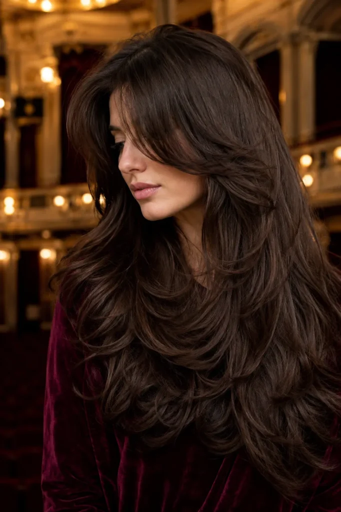 Long, thick dark chocolate brown butterfly layers with feathered face-framing pieces, styled in a glossy, voluminous blowout against a softly blurred classic theater backdrop.