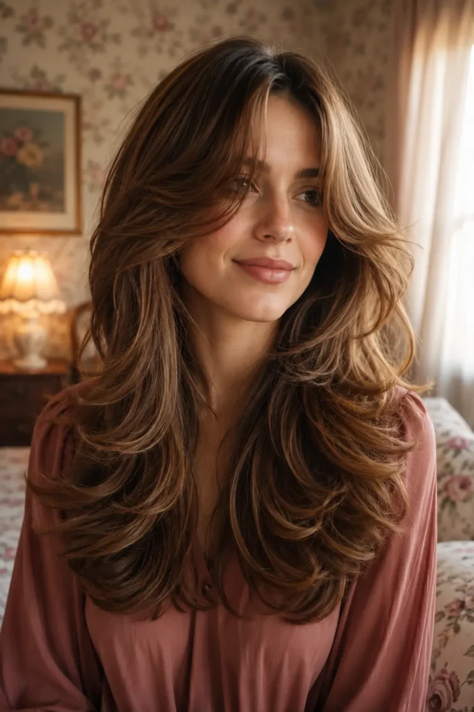 White woman with long honey-brown butterfly layers and center-parted curtain bangs, styled in a voluminous bouncy blowout, photographed in a softly lit vintage-inspired bedroom.