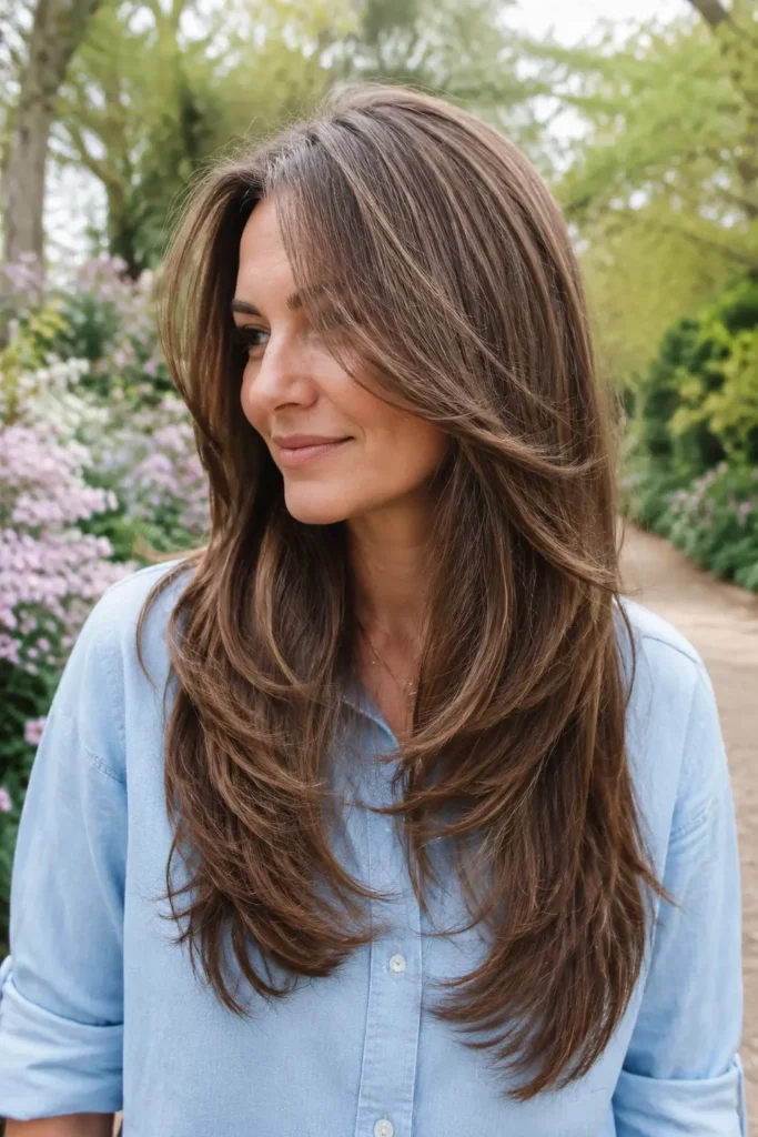 a white woman with long butterfly layers, natural medium brown hair with subtle honey highlights, soft feathered face-framing layers, and a voluminous blowout, wearing a light blue chambray shirt in a sunlit botanical garden with a softly blurred floral background.