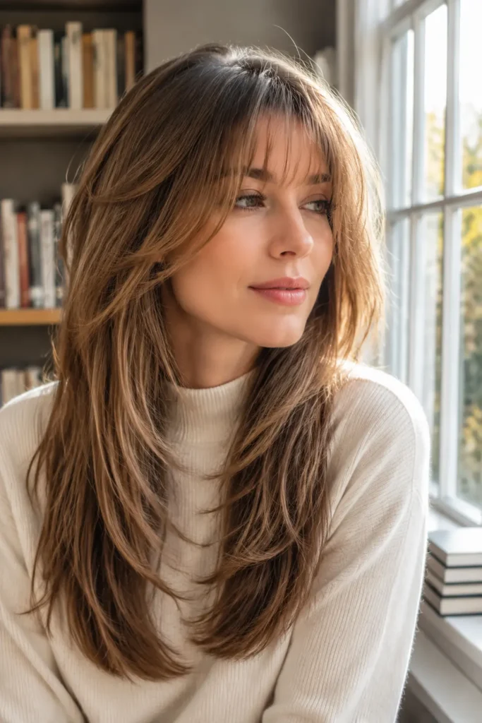 Close-up portrait of a white woman with long butterfly layers and wispy bangs, featuring soft golden brown hair in a voluminous blowout, wearing a cream high-neck sweater in a sunlit reading nook.