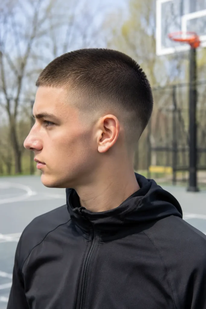 a white teenage boy with a modern buzz cut and clean taper fade, wearing a black athletic zip-up jacket at a sunlit outdoor basketball court with the background softly blurred, highlighting the sharp barber detailing and realistic hair texture.