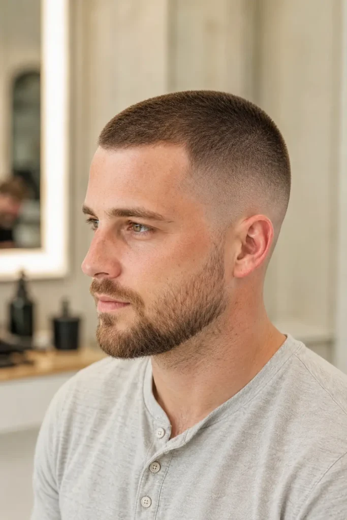 man with a modern buzz cut and soft taper fade, neatly trimmed beard, and light gray Henley shirt, photographed in bright natural daylight against an elegant ivory barber studio background with the hairstyle as the main focus.