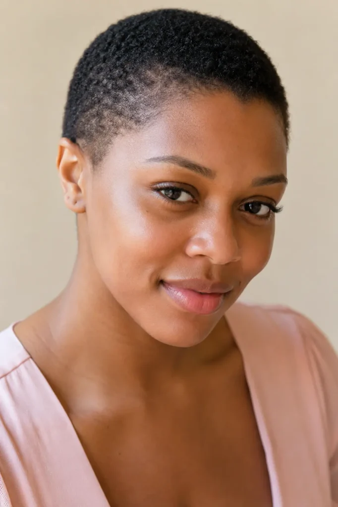 British woman with a soft buzzed pixie cut featuring natural coil texture and a slightly fuller crown, photographed in bright daylight against a pale beige background, wearing a light pink blouse.