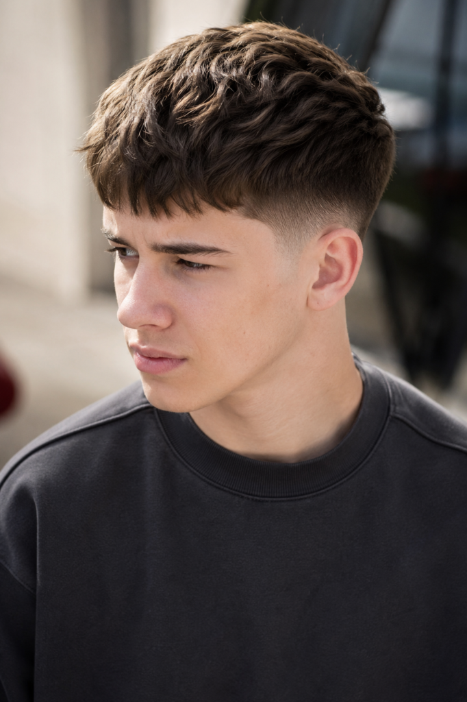 a white teenage boy with a modern Caesar haircut featuring a short textured fringe and clean low taper fade, wearing a charcoal sweatshirt in bright natural daylight against a softly blurred minimalist urban background.