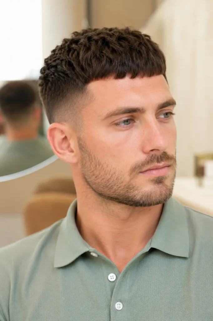 a modern Caesar cut featuring a short textured fringe and tapered sides, wearing a sage green polo shirt with trimmed stubble, photographed in bright daylight against a cream barber studio background.