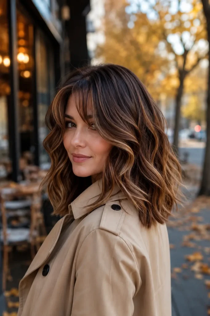 white woman with medium brunette beachy waves, curtain bangs, and caramel balayage highlights in a beige trench coat on an autumn city street.
