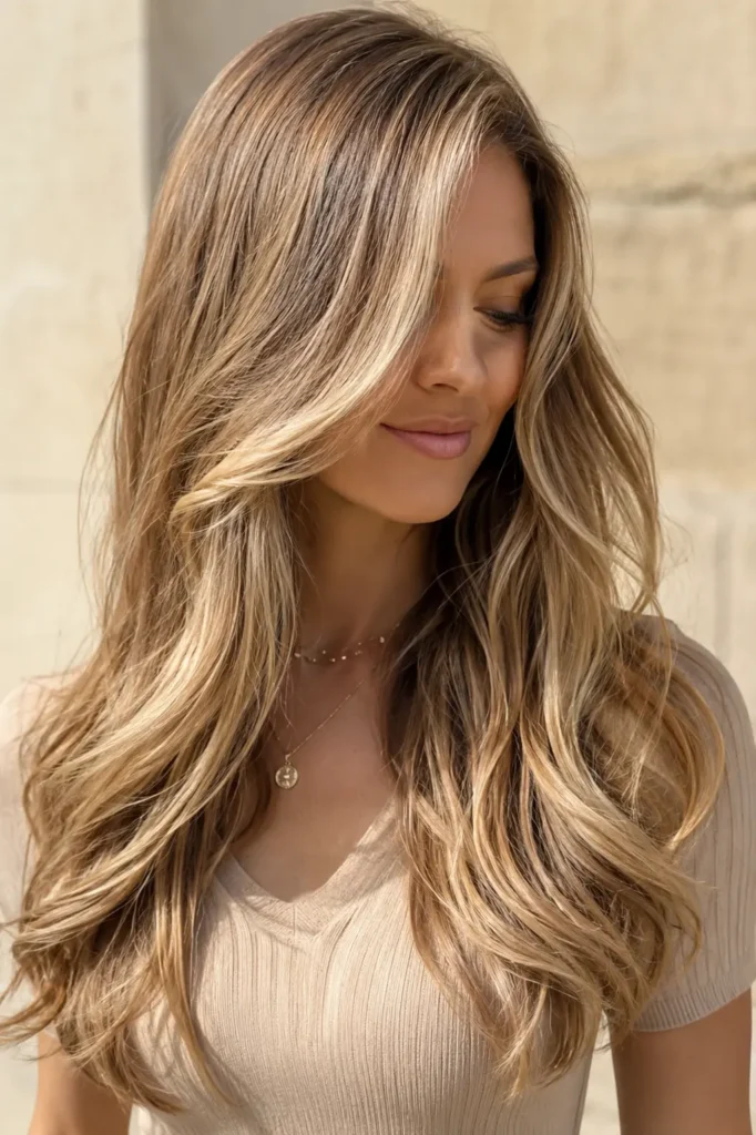 woman with caramel blonde dimensional hair, featuring warm blonde highlights, soft layered waves, glossy texture, natural volume