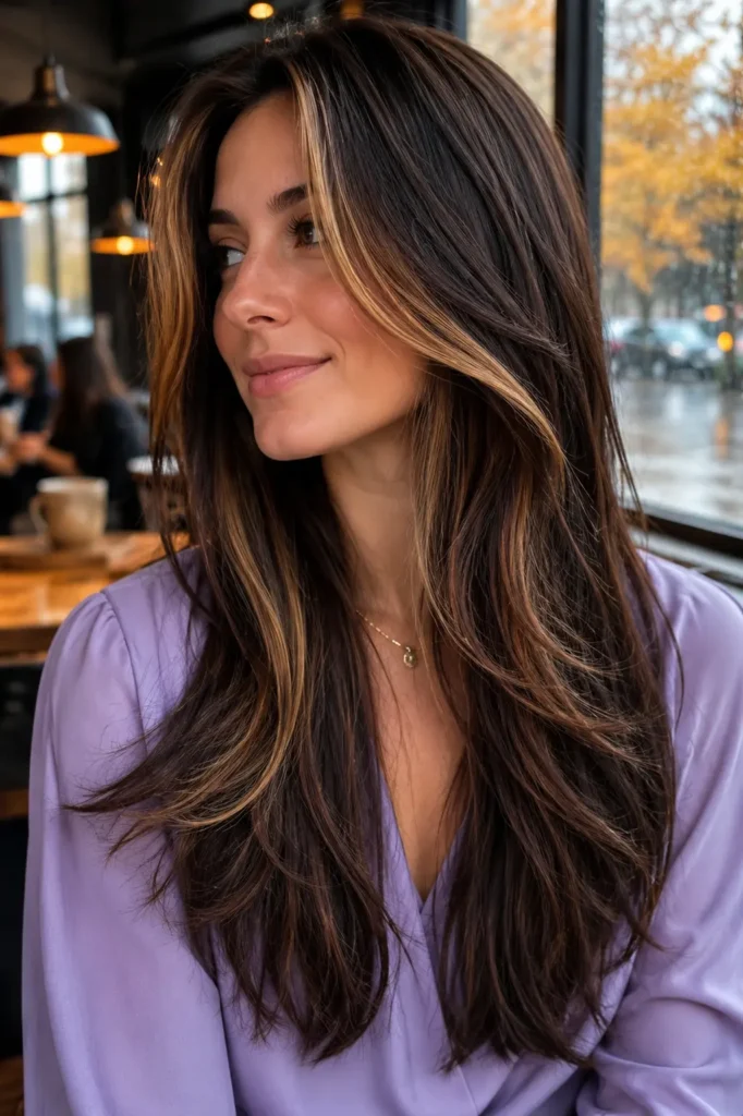 a woman with long dark brown layered blowout hair featuring caramel money-piece highlights, wearing a lavender blouse in a modern coffee shop with rainy autumn windows.