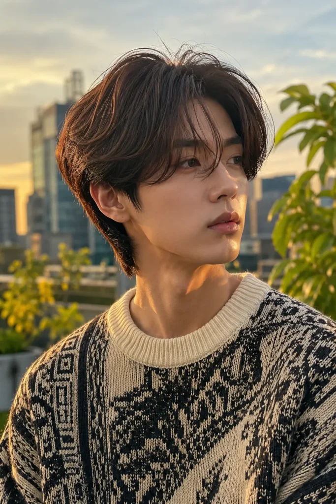a young man with a BTS-inspired Korean layered haircut featuring dark espresso curtain bangs, wearing a cream-and-black patterned knit sweater on a rooftop garden at sunset.