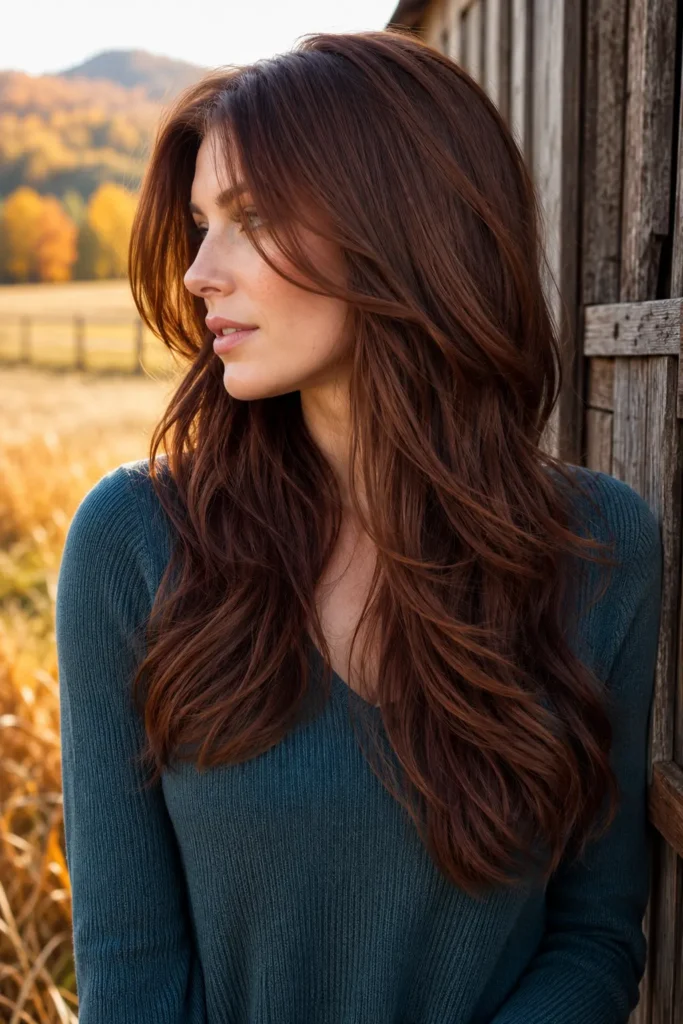 White woman with long layered chestnut brown hair in soft waves, wearing a muted teal knit top beside a rustic barn with golden autumn fields in the background.