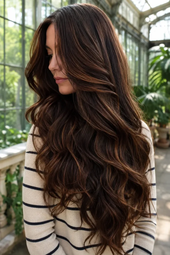 white woman with extremely long deep brunette hair featuring warm chestnut highlights, cinnamon and mahogany ribbons, and glossy loose curls, wearing a cream-and-navy striped knit top