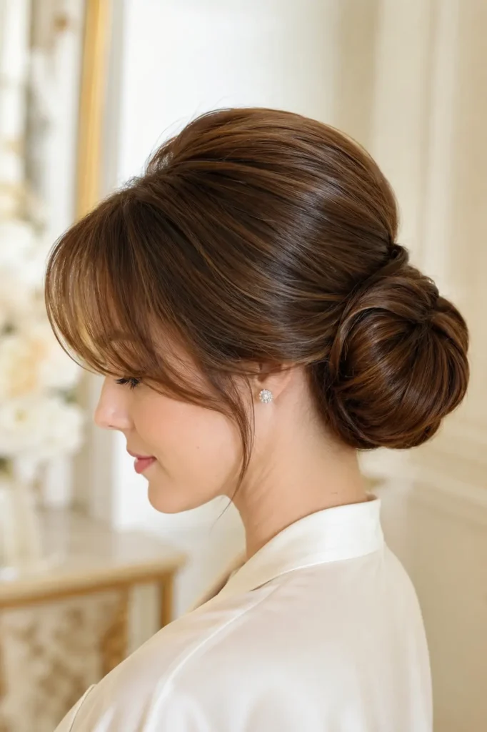 woman with glossy chestnut brown hair styled in a classic chignon bun and soft side bangs, photographed in bright natural daylight against an elegant ivory luxury background