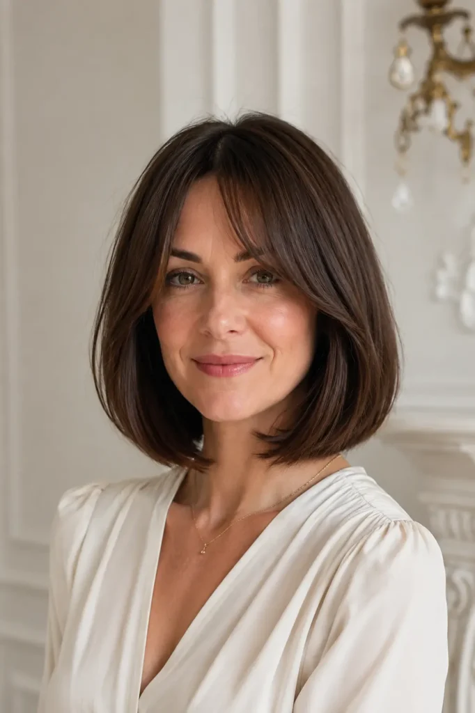 Chin-length bob haircut with curtain bangs, soft face-framing layers, natural volume, and glossy brunette texture on a real English woman in a DSLR portrait.