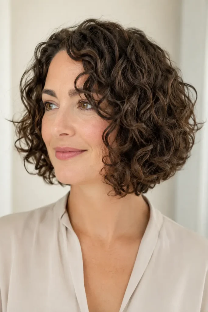 woman with a chin-length curly bob featuring soft natural brunette ringlets, photographed in bright natural light against an ivory background.
