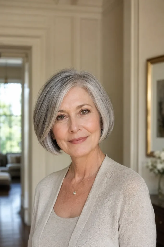 Chin-length gray bob haircut on a mature woman with soft silver layers, natural shine, and elegant face-framing style.