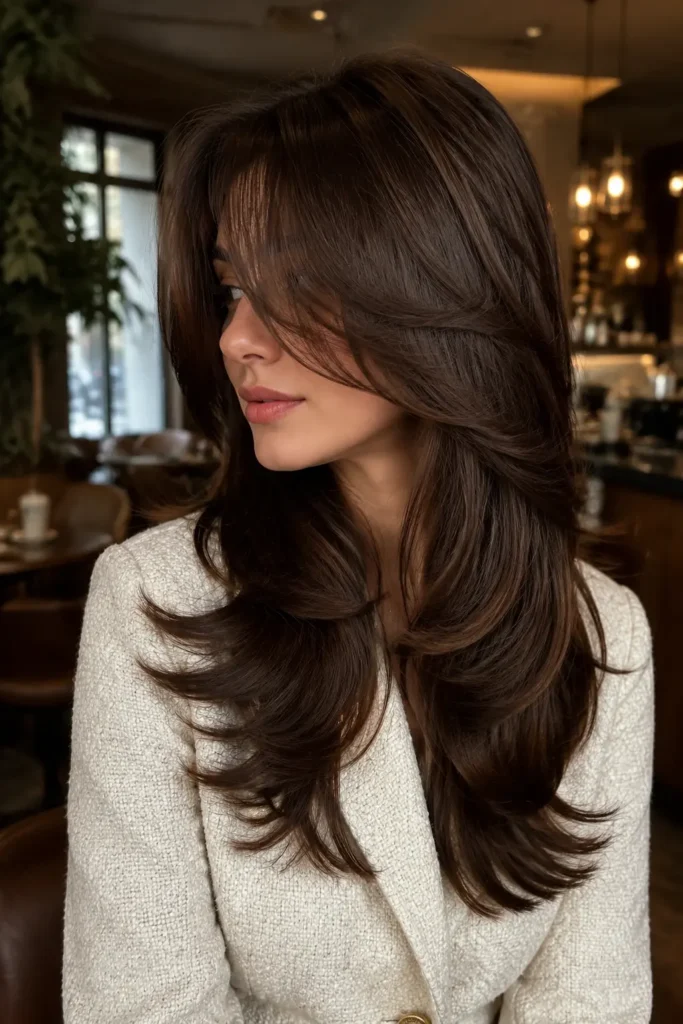 White woman with glossy chocolate brown butterfly layers, feathered face-framing pieces, and a cream tweed jacket in a softly lit upscale coffee shop.