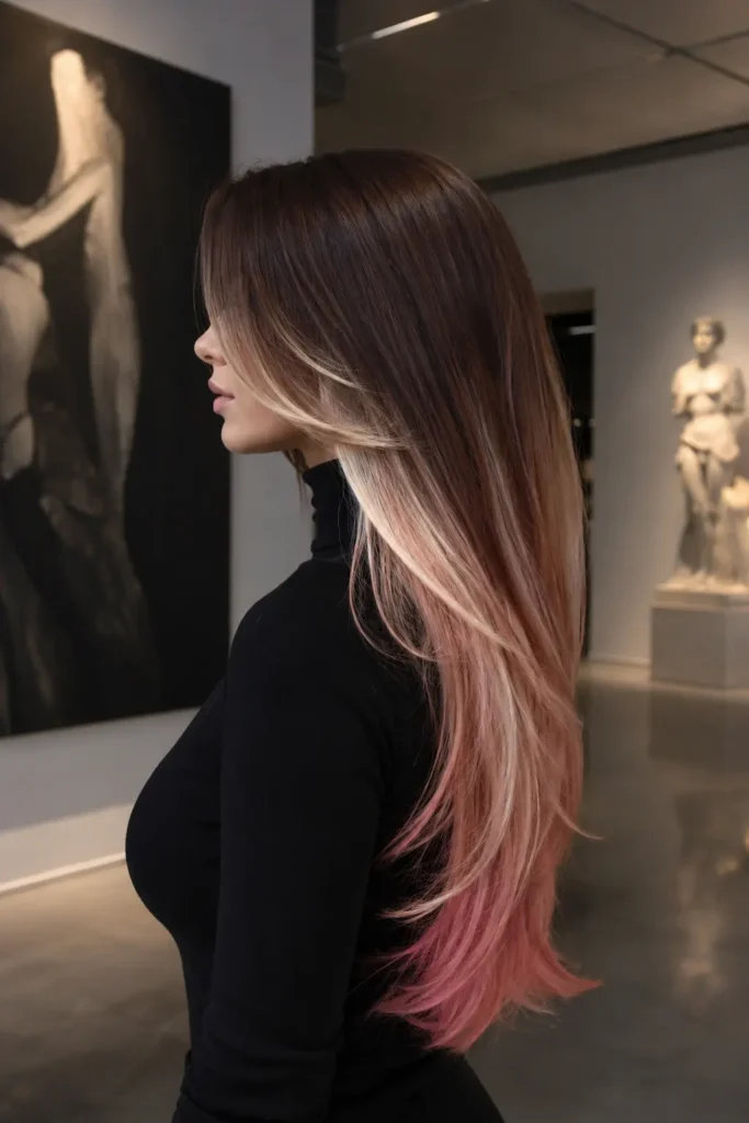 Side-profile portrait of a woman with very long sleek layered hair featuring glossy chocolate brown roots, creamy vanilla blonde ribbons, and strawberry pink ends, wearing a black turtleneck in a softly lit modern art gallery.