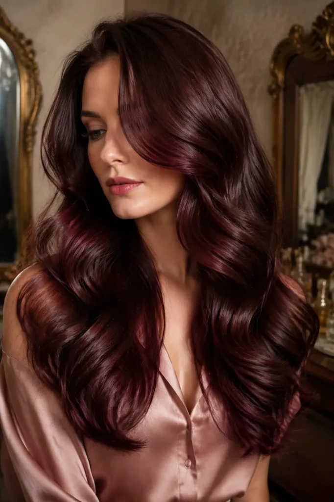 White woman with long chocolate cherry Hollywood waves, featuring glossy chocolate brunette hair with cherry-red and burgundy highlights, wearing a blush-pink satin blouse in a vintage dressing room.