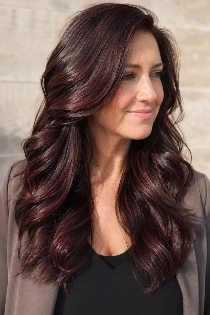 woman with chocolate cherry hair tint featuring deep brunette tones, soft cherry red reflections, glossy waves, rich texture, and a healthy shiny hairstyle in natural daylight.