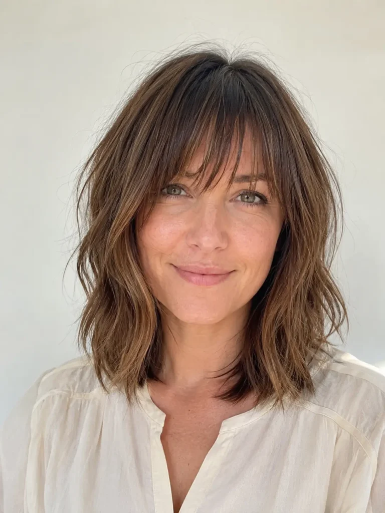 Choppy fringe with a layered lob haircut featuring textured bangs, soft face-framing layers, and healthy, shiny hair in a bright salon-style portrait against an ivory background.