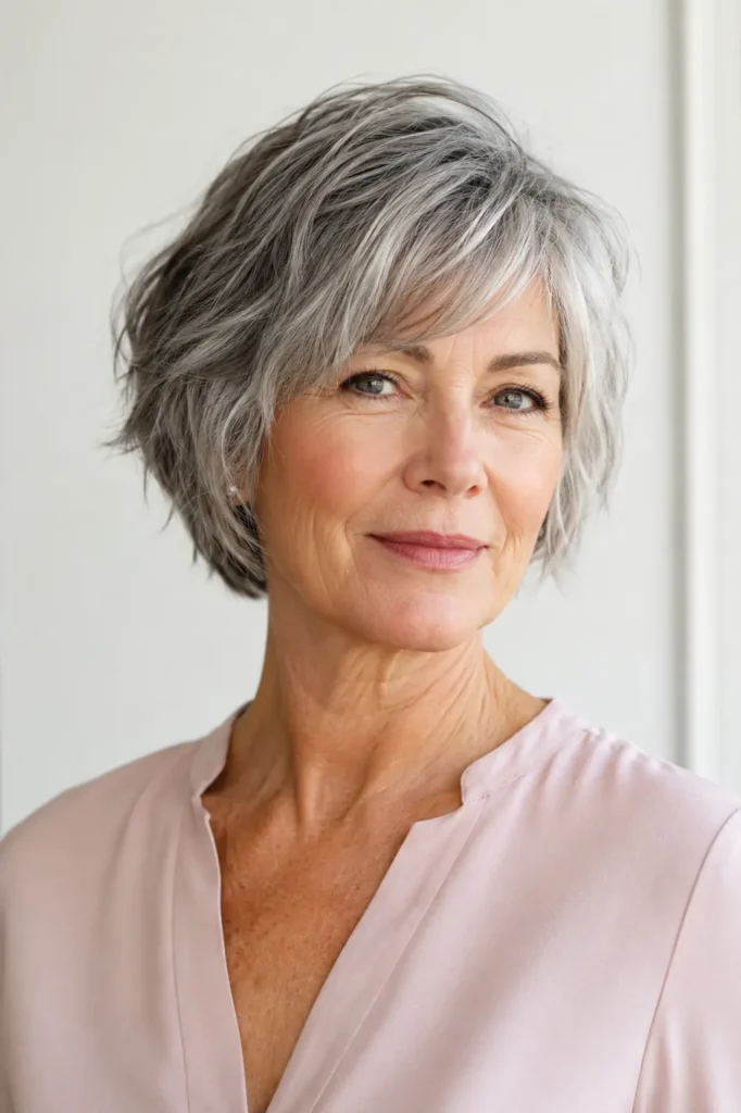 Choppy gray bob haircut on a mature English woman with textured layers, natural silver-gray shine, soft volume, and elegant hairstyle detail.