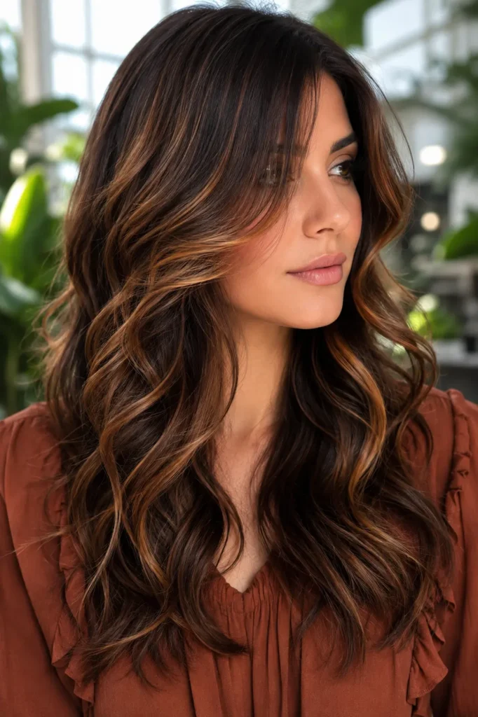 Long layered brunette hair with dimensional cinnamon brown balayage styled in polished loose curls, shown in a close-up beauty portrait of a woman wearing a rust autumn blouse in a softly lit botanical greenhouse.