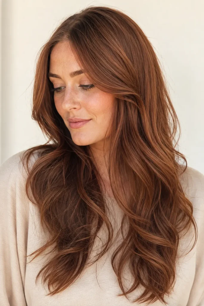 woman with cinnamon brown hair tint, soft flowing layered waves, warm brown reflections, glossy texture,