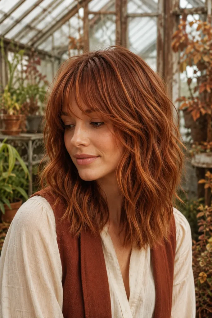 a woman with medium-length cinnamon copper layered shag hair, soft curtain bangs, and natural waves in a vintage greenhouse with autumn plants, wearing a cream linen blouse and rust-colored vest.