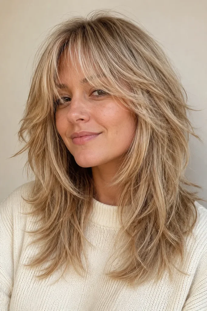 Classic blonde wolf cut with soft curtain bangs, featuring feathered layers, natural volume, and glossy textured hair on a real woman.