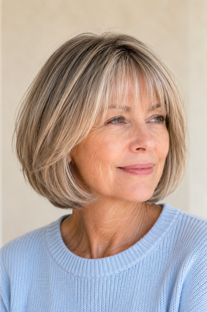 English woman aged around 60 with a classic chin-length layered bob and soft wispy bangs, wearing a light blue knit sweater against a cream background, showcasing a healthy, voluminous haircut in natural daylight.