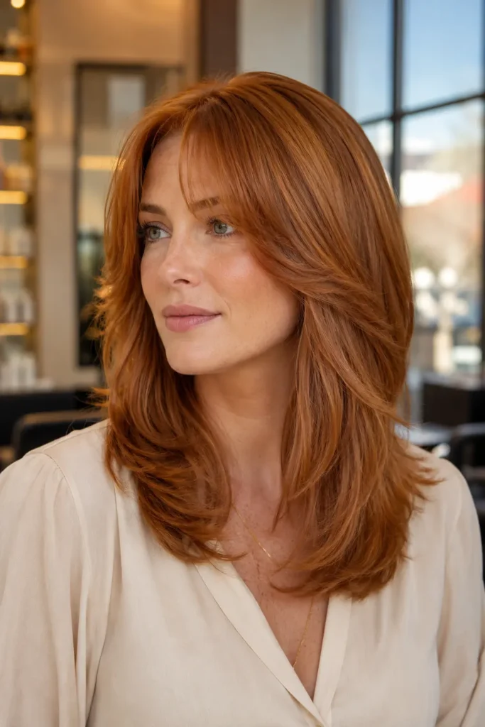 Warm copper hairstyle with perfectly blended curtain bangs, soft center part, feathered face-framing layers, and a smooth voluminous blowout on a woman in a cream blouse.