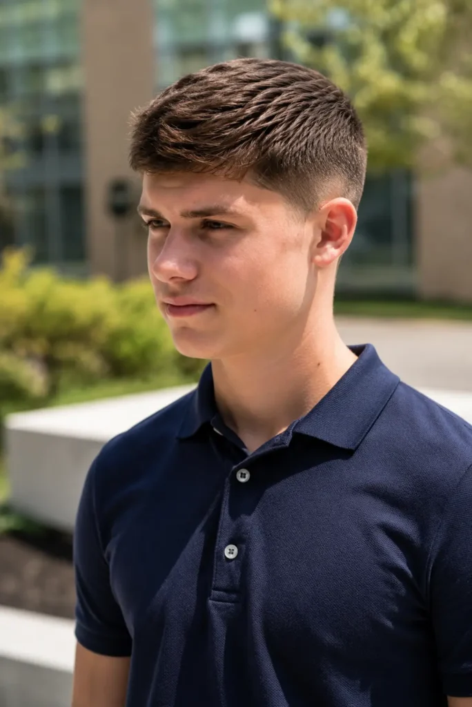 white teenage boy with a classic crew cut featuring a slightly longer textured top and neatly tapered sides, wearing a navy polo shirt in bright natural daylight on a softly blurred school campus background.