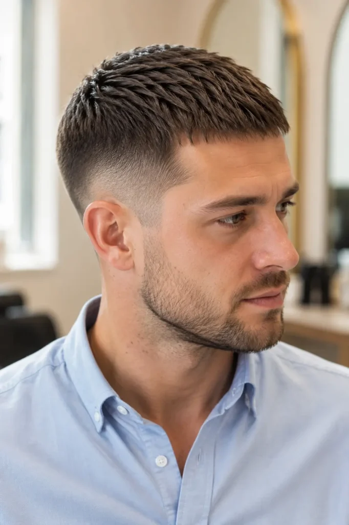 man with a classic crew cut, featuring neatly tapered sides and a textured top, wearing a light blue Oxford shirt against a soft cream barber studio background in bright natural daylight.