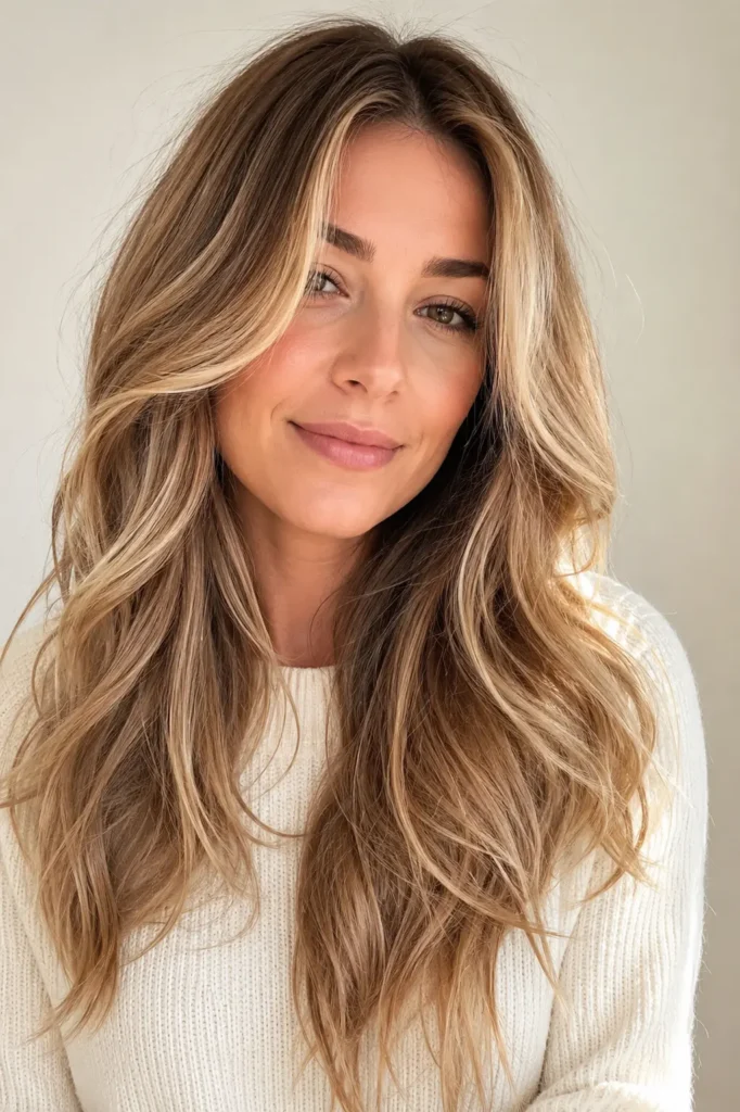 a woman with long layered dirty blonde hair featuring soft honey blonde highlights, styled in loose waves with silky shine and dimensional color, wearing an ivory sweater against a cream background.