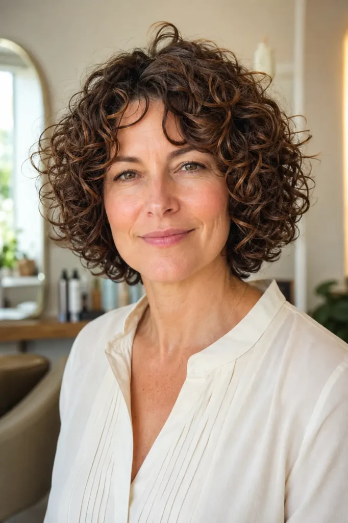 Classic layered curly bob haircut on a real English woman with defined medium-brown curls, soft rounded layers, and natural salon volume in bright daylight.