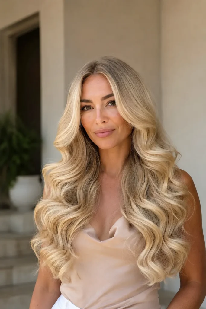 an English woman with very long blonde Hollywood waves, featuring glossy dimensional blonde hair, soft luxury curls, natural volume, silky texture, warm daylight, and an elegant hairstyle-focused look.
