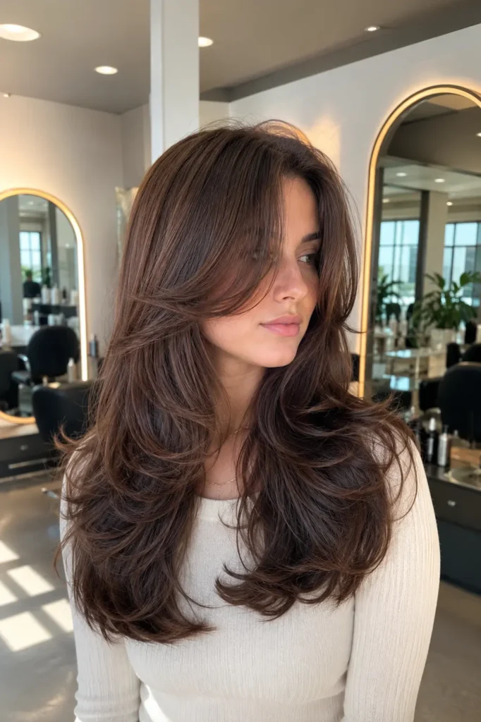Classic long butterfly layered brunette hairstyle with feathered face-framing layers and a smooth salon blowout in a bright luxury hair salon.