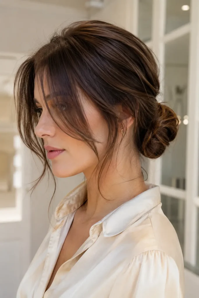 woman with natural brunette hair styled in a classic low bun with soft curtain bangs, photographed in bright natural daylight against a luxurious ivory indoor background, wearing a cream blouse