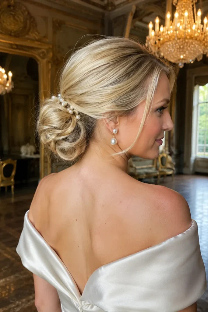 white bride wearing a classic low bridal chignon with pearl hairpins and glossy blonde hair, photographed in a luxurious historic ballroom with crystal chandeliers while wearing an off-the-shoulder ivory satin wedding gown.