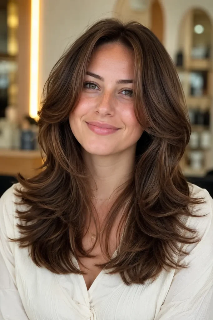 woman with a classic medium butterfly haircut featuring soft feathered face-framing layers, airy crown volume, and glossy medium-brown hair in a bright salon setting.