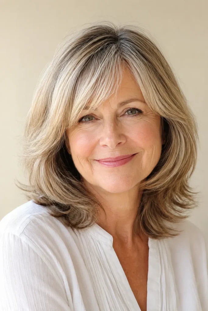 woman aged 55–70 with a glossy medium-length layered hairstyle, wearing a white blouse against a warm cream background.