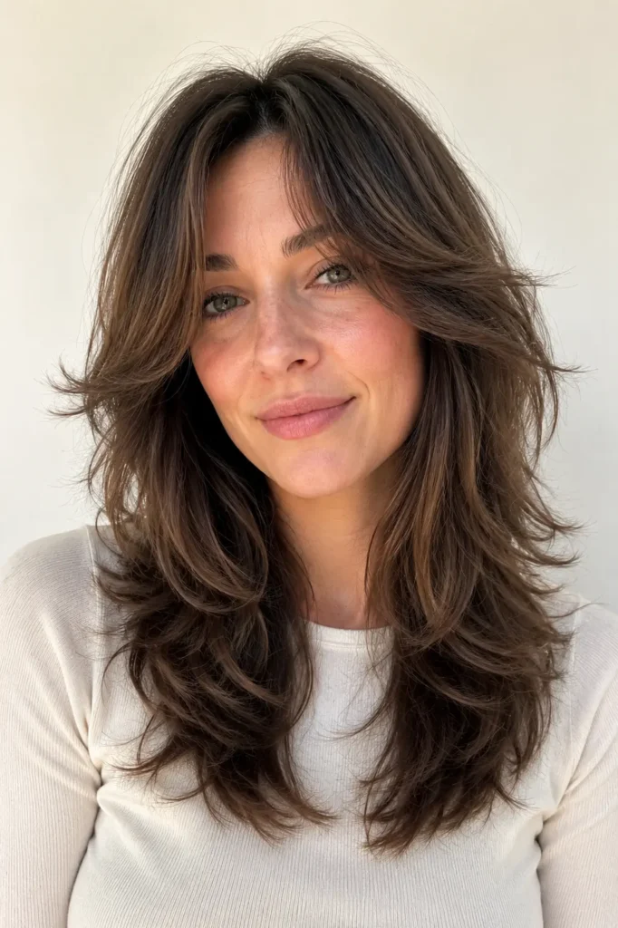 woman with a classic medium wolf cut and soft curtain bangs, featuring feathered layers, airy volume, and healthy shine against a neutral ivory background.