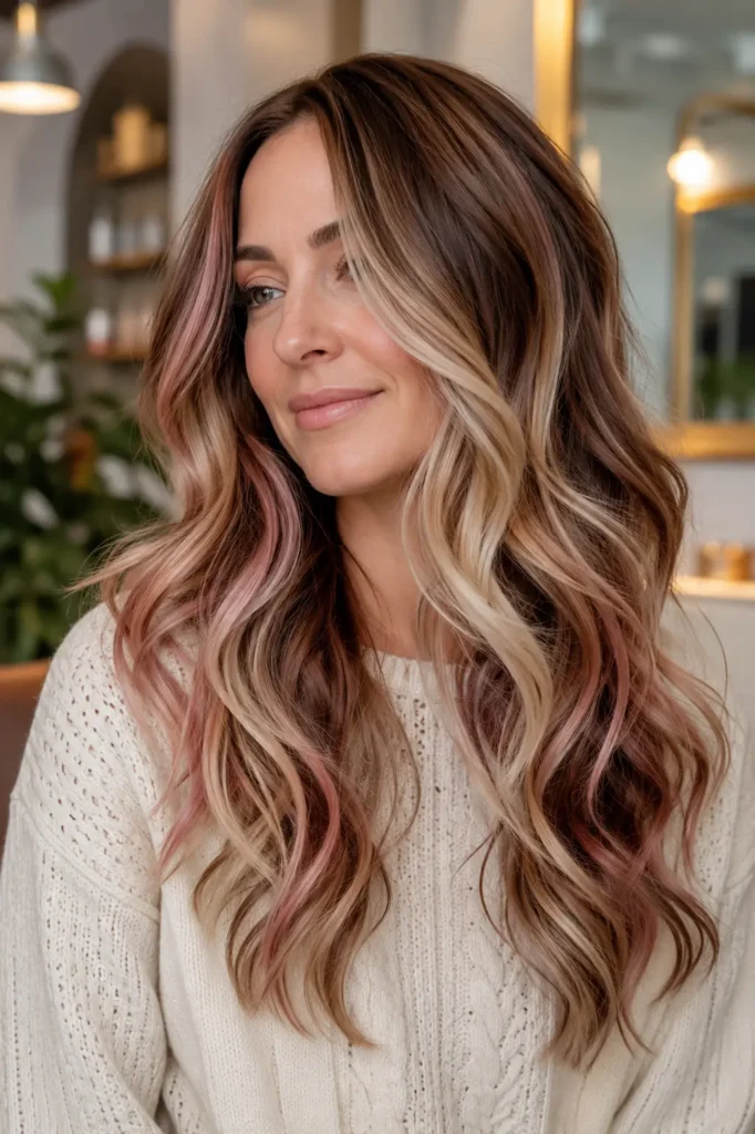 white woman with long voluminous loose waves featuring rich chocolate brown, creamy vanilla blonde ribbons, and subtle strawberry pink highlights, wearing a cream knit sweater in a warm salon setting.