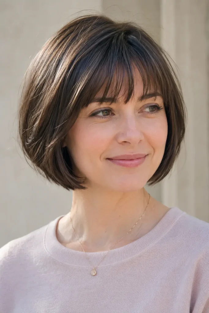 woman with a classic short bob haircut and wispy bangs, featuring soft feathered layers, natural volume, glossy brown hair texture, and a light pastel outfit in a bright DSLR portrait.