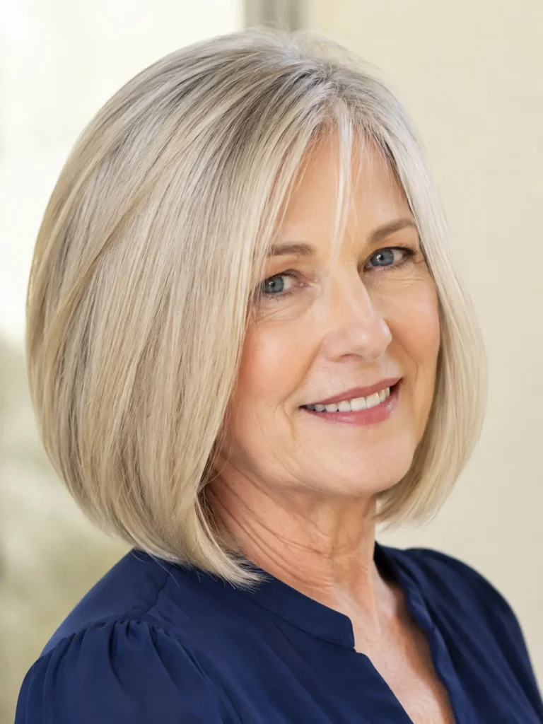 woman aged 56–70 with a classic shoulder-length bob, silky smooth shiny hair, wearing a navy blouse against a cream background in a realistic close-up portrait.