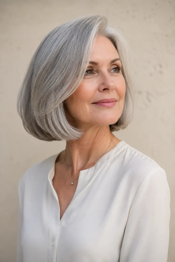 Classic silver gray bob haircut on a mature woman with soft layers, natural volume, and an elegant polished hairstyle look.