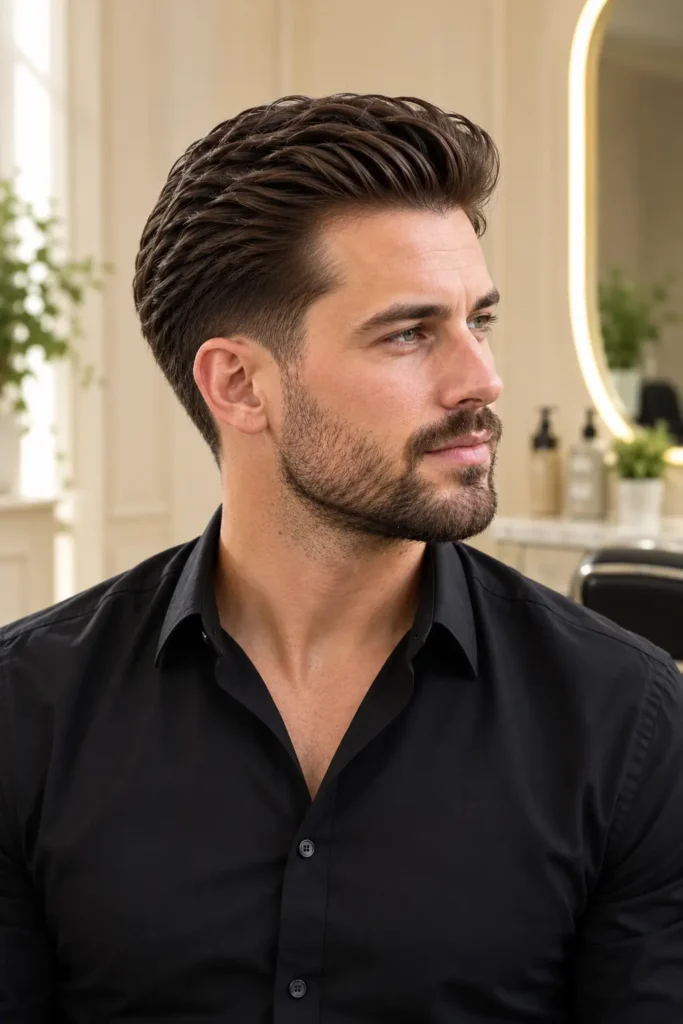 a man with a classic taper haircut and naturally brushed-back hair, wearing a black shirt in a bright ivory barber studio with a neatly groomed short beard.